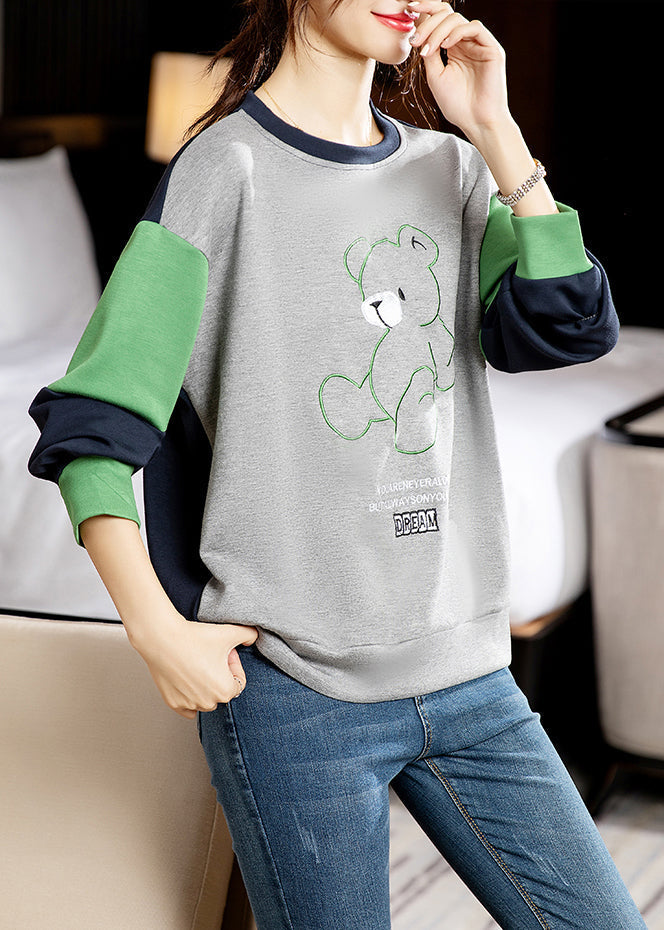 Casual Grey O-Neck Embroideried Patchwork Cotton Sweatshirt Long Sleeve