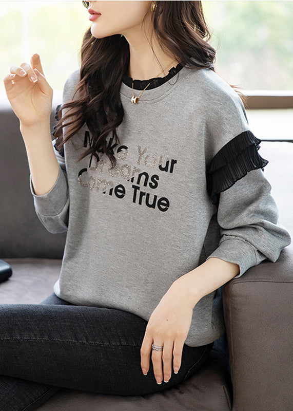 Casual Grey O-Neck Ruffled Graphic Patchwork Zircon Sweatshirts Fall