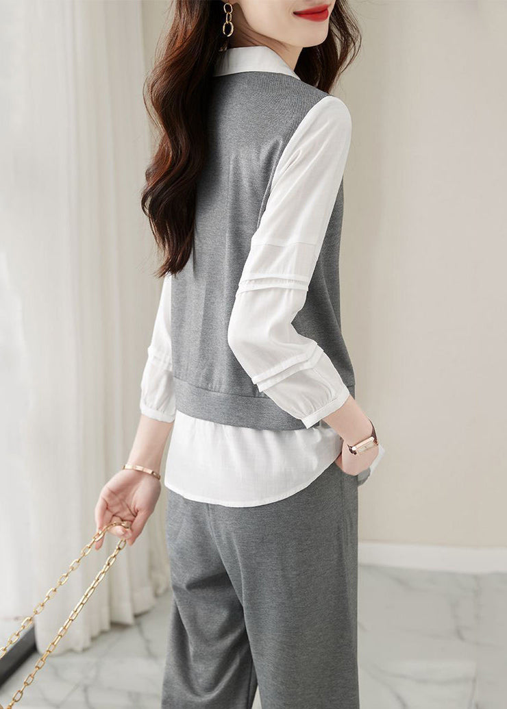 Casual Grey Peter Pan Collar Tops And Pants Cotton Two-Piece Set Fall