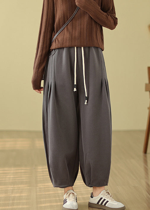 Casual Grey Pockets Elastic Waist Warm Fleece Pants Winter