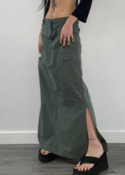 Casual Grey Pockets Side Open Patchwork Cotton Maxi Skirts Fall