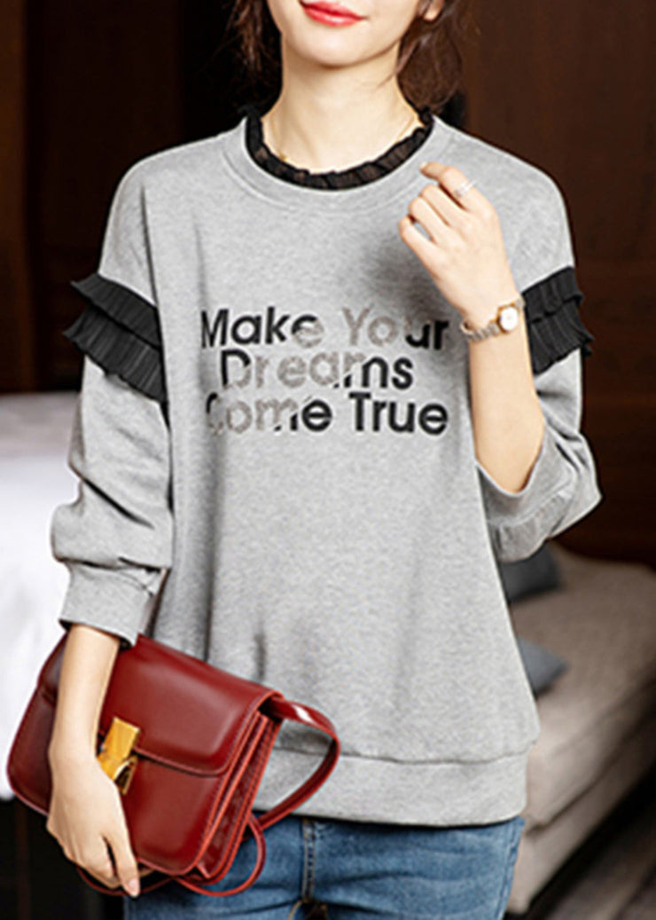 Casual Grey Ruffled Print Patchwork Cotton Sweatshirts Long Sleeve