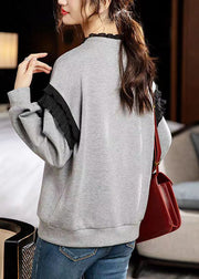 Casual Grey Ruffled Print Patchwork Cotton Sweatshirts Long Sleeve