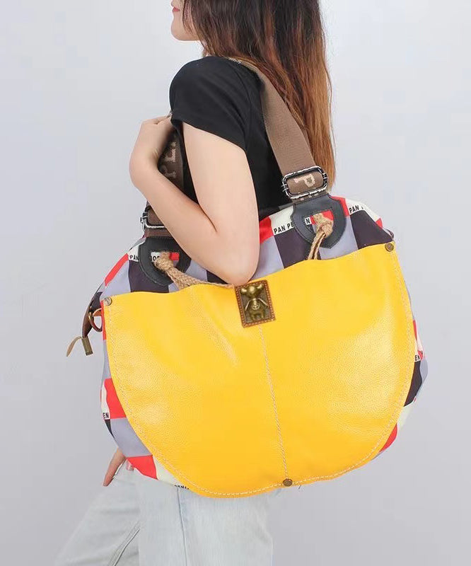 Casual High-Capacity Cowhide Patchwork Canvas Satchel Bag Handbag