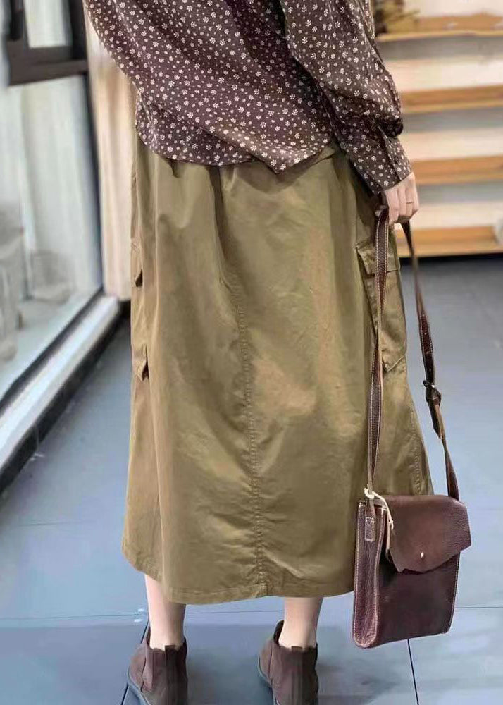 Casual Khaki Button Pockets Patchwork Cotton Skirt Fall