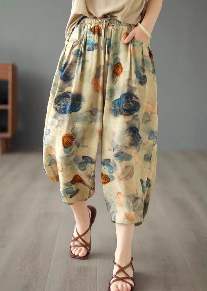 Casual Khaki Elastic Waist Pockets Print Patchwork Cotton Lantern Pants Summer