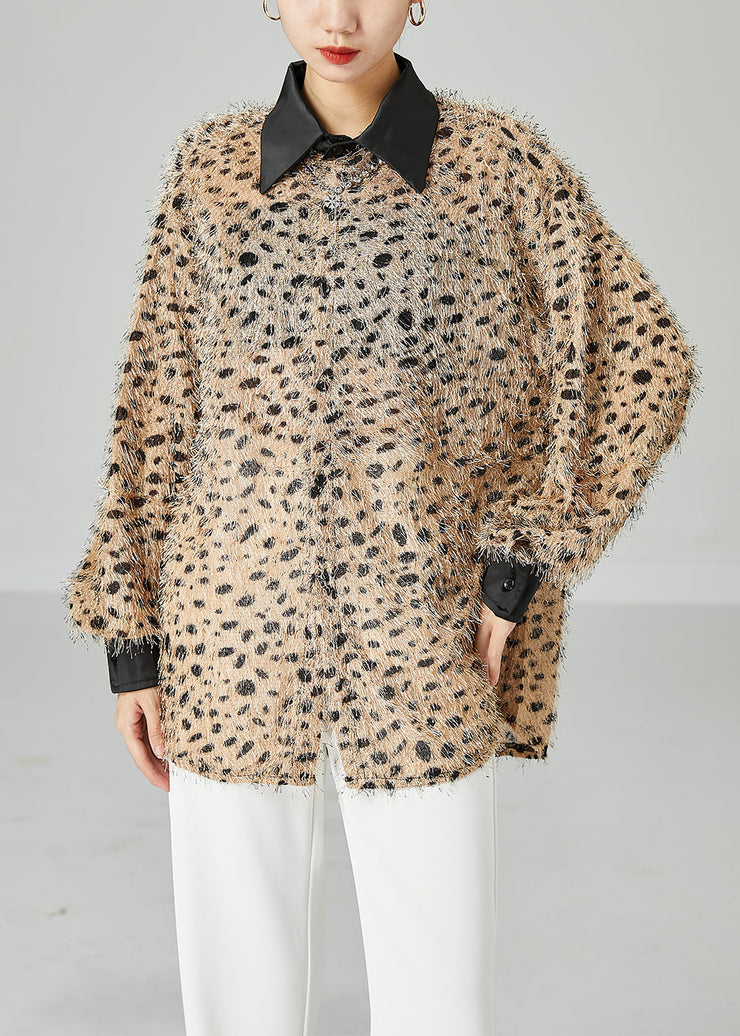 Casual Khaki Oversized Fluffy Leopard Print Top Long Sleeve