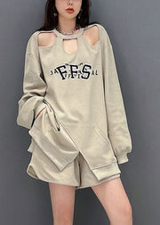 Casual Khaki Oversized Hollow Out Cotton Sweatshirt Two Pieces Set Fall