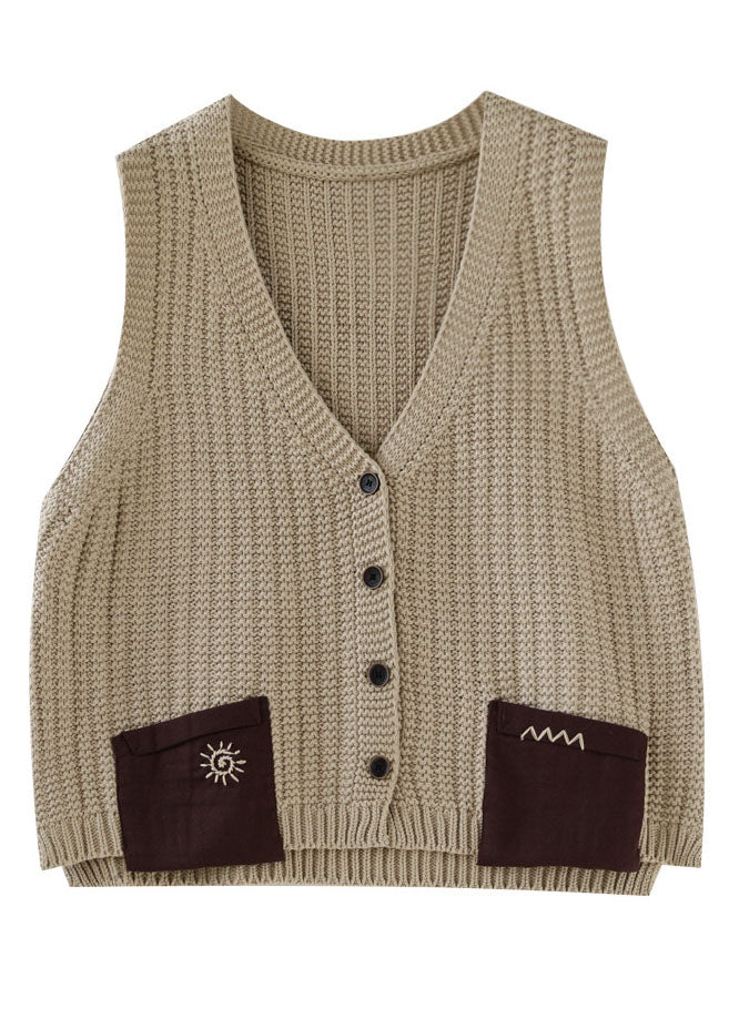 Casual Khaki Oversized Patchwork Pockets Knit Vest Sleeveless