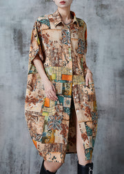 Casual Khaki Oversized Print Chiffon Shirt Dress Summer