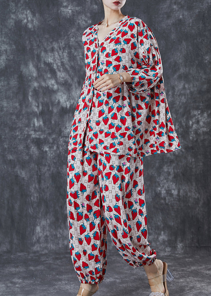 Casual Khaki Oversized Strawberry Print Cotton Two Pieces Set Summer