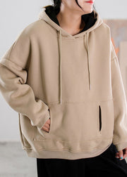 Casual Khaki Patchwork Drawstring Warm Fleece Hoodies Pullover Fall