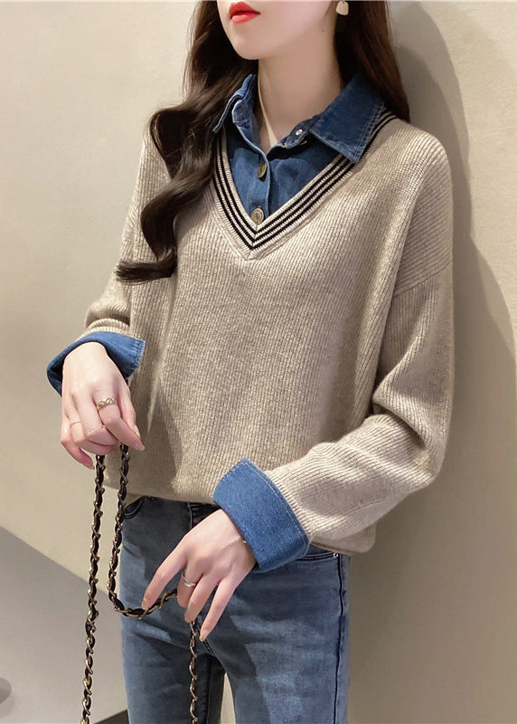 Casual Khaki Peter Pan Collar Denim Patchwork False Two Pieces Knit Shirt Fall