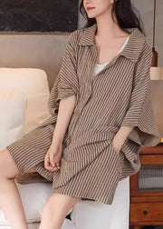 Casual Khaki Peter Pan Collar Striped Shirt And Shorts Two Piece Set Summer