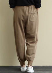 Casual Khaki Pockets Elastic Waist Warm Fleece Beam Pants Winter