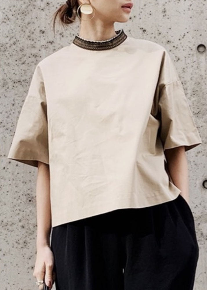 Casual Khaki Stand Collar Oversized Patchwork Cotton Tank Short Sleeve