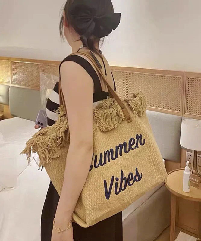 Casual Khaki Tassel Letter Embroidery Canvas Tote Handbag