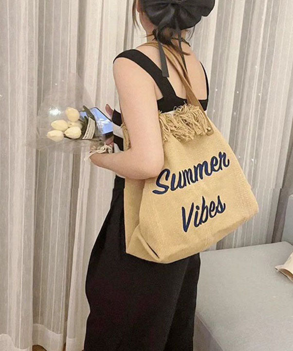 Casual Khaki Tassel Letter Embroidery Canvas Tote Handbag