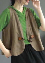 Casual Khaki V Neck Button Patchwork Linen Vest Sleeveless