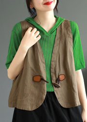 Casual Khaki V Neck Button Patchwork Linen Vest Sleeveless