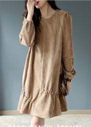 Casual Khaki Wrinkled Nail Bead Velour Mid Dresses Spring