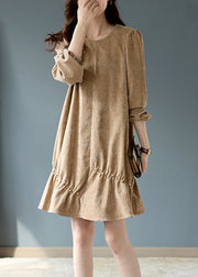 Casual Khaki Wrinkled Nail Bead Velour Mid Dresses Spring