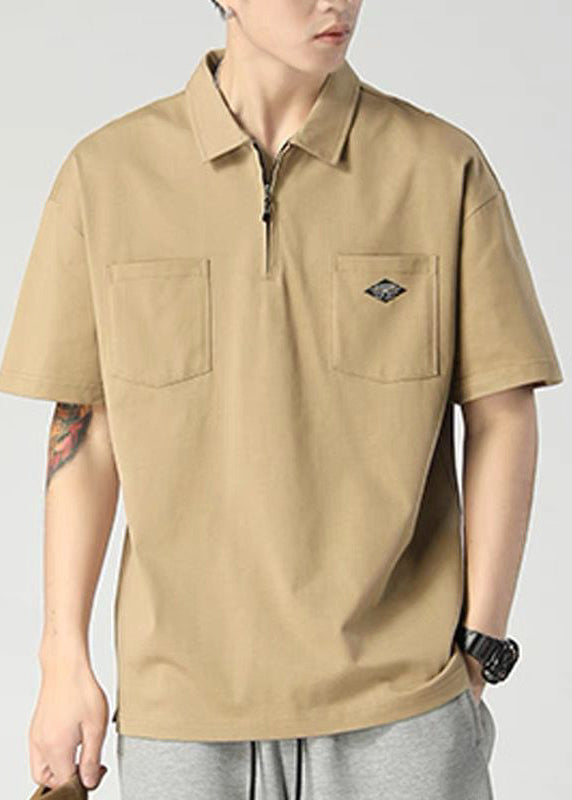 Casual Khaki Zippered Pockets Cotton Mens Polo Shirt Summer