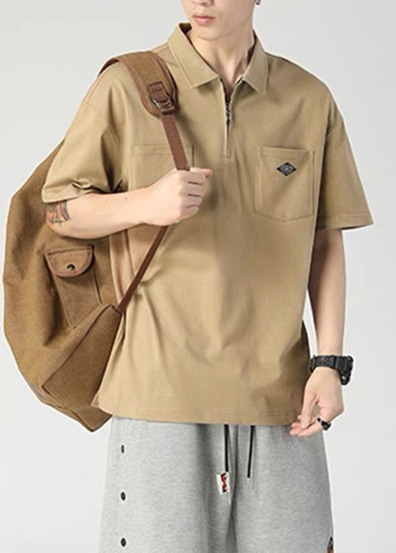 Casual Khaki Zippered Pockets Cotton Mens Polo Shirt Summer