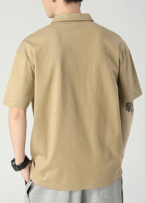 Casual Khaki Zippered Pockets Cotton Mens Polo Shirt Summer