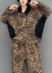 Casual Leopard Hooded Patchwork Cotton Two Pieces Set Spring