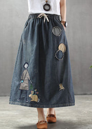 Casual Light Blue Elastic Waist Patchwork Cartoon Embroideried Tulle Denim Skirts Spring