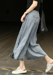 Casual Light Blue Elastic Waist Side Open Denim Crop Pants Summer