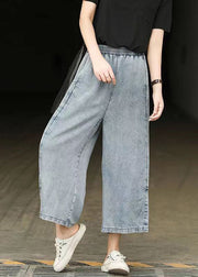 Casual Light Blue Elastic Waist Side Open Denim Crop Pants Summer