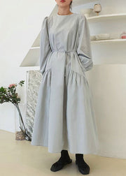 Casual Light Blue O Neck Patchwork Wrinkled Cotton Dress Puff Sleeve