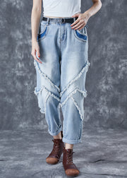 Casual Light Blue Oversized Patchwork Tassel Denim Pants Summer