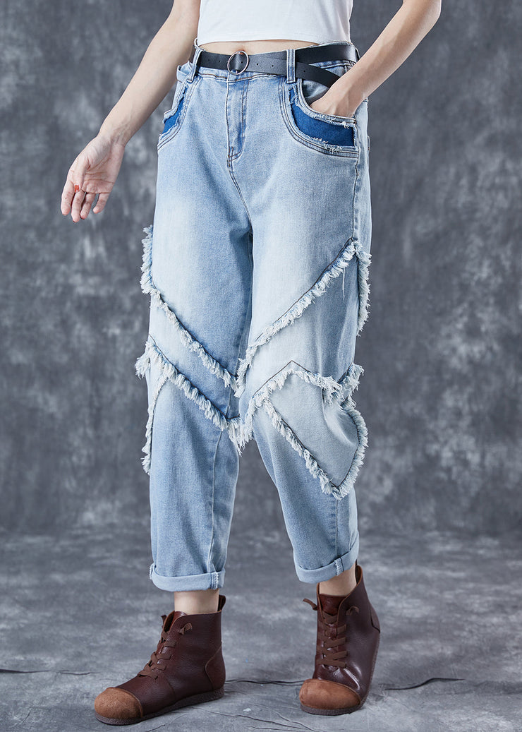 Casual Light Blue Oversized Patchwork Tassel Denim Pants Summer