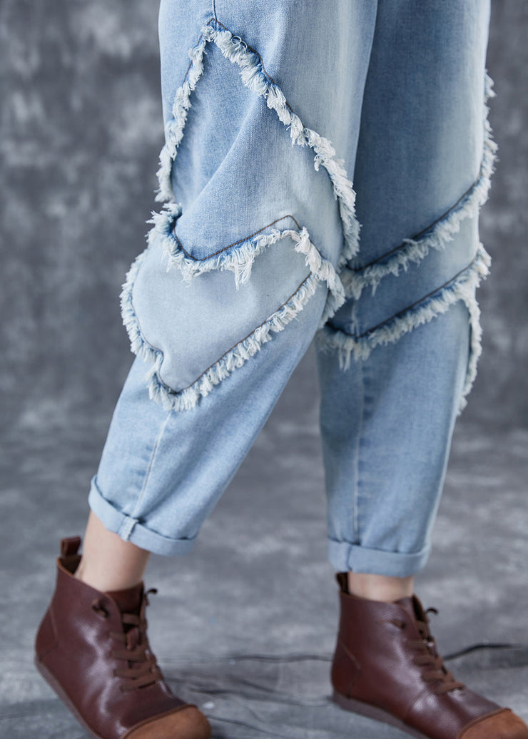 Casual Light Blue Oversized Patchwork Tassel Denim Pants Summer