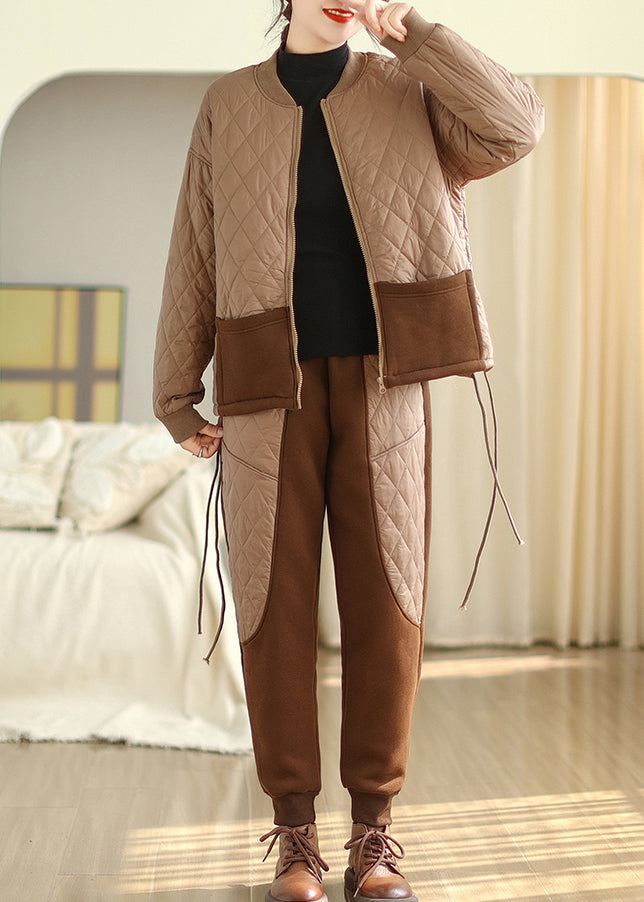 Casual Light Brown Fine Cotton Filled Sport Two Piece Set Winter