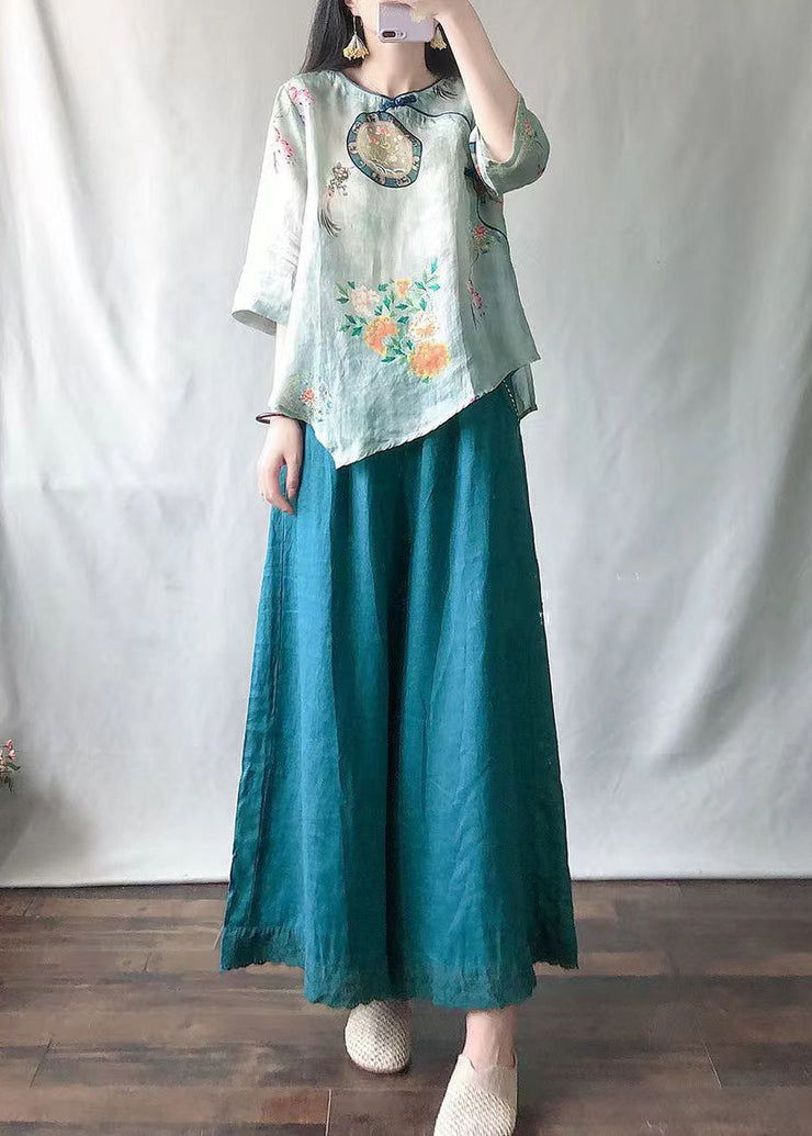 Casual Light Green O-Neck Print Shirts And Maxi Skirts Two Pieces Set Summer