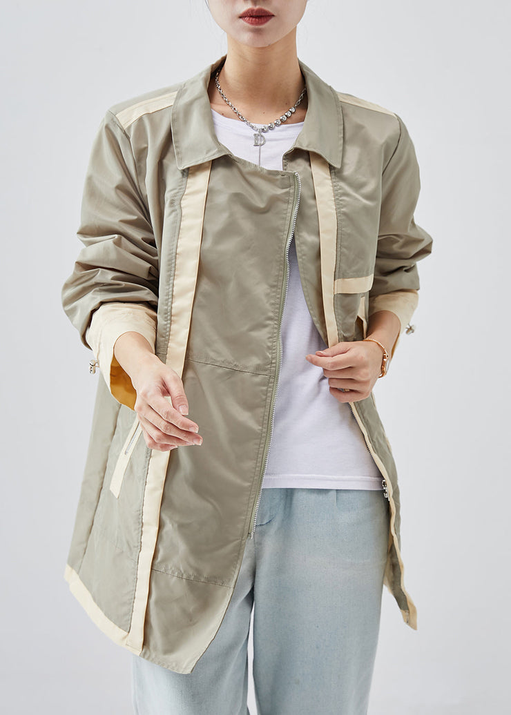 Casual Light Green Zip Up Patchwork Cotton Trench Spring