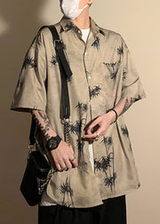 Casual Light Grey Button Print Pockets Ice Silk Mens Shirt Half Sleeve