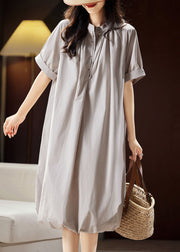 Casual Light Grey Stand Collar Button Cotton Long Dress Summer