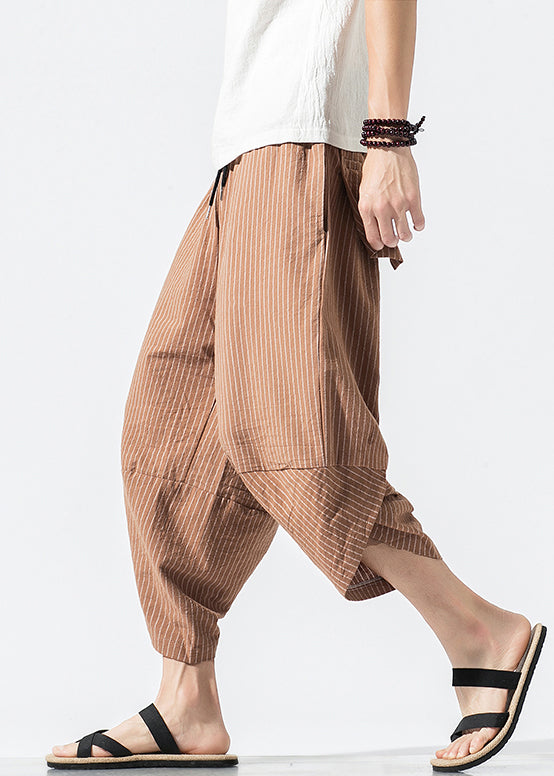 Casual Light Khaki Striped Elastic Waist Cotton Men Crop Pants Summer