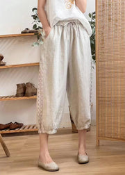 Casual Linen Color Hollow Out Pockets Elastic Waist Harem Pants Summer