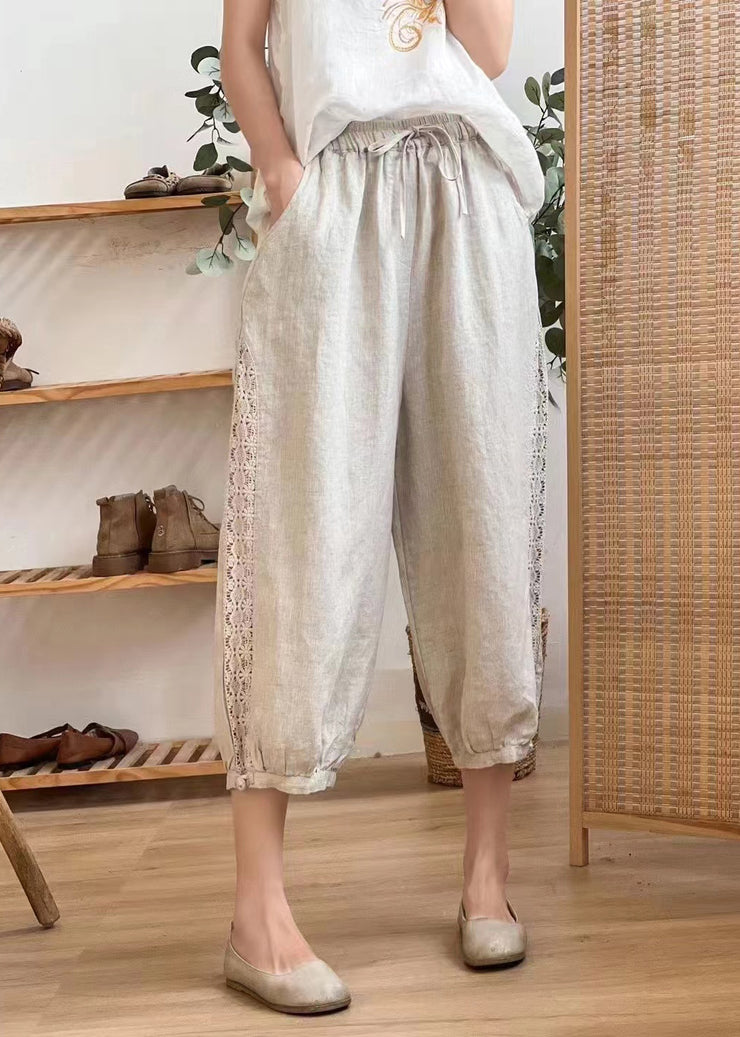 Casual Linen Color Hollow Out Pockets Elastic Waist Harem Pants Summer