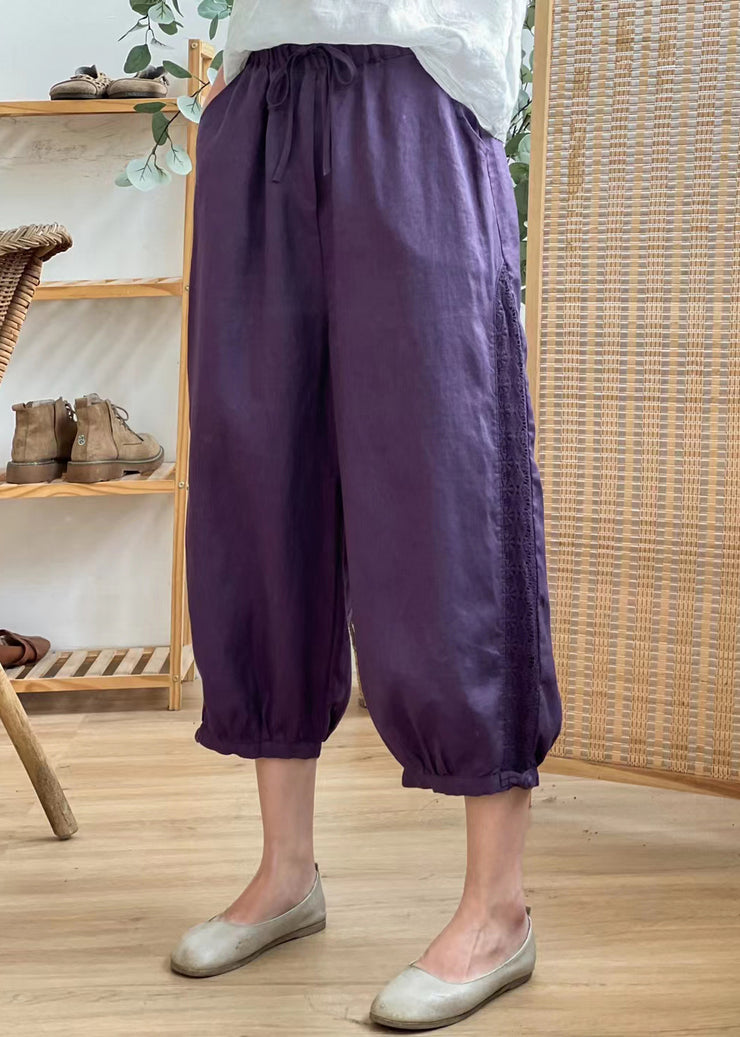 Casual Linen Color Hollow Out Pockets Elastic Waist Harem Pants Summer