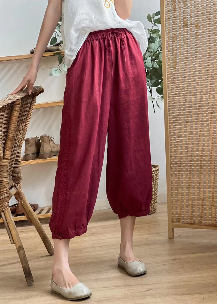 Casual Linen Color Hollow Out Pockets Elastic Waist Harem Pants Summer