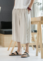 Casual Linen Pockets Button Elastic Waist Cotton Men Crop Pants Summer