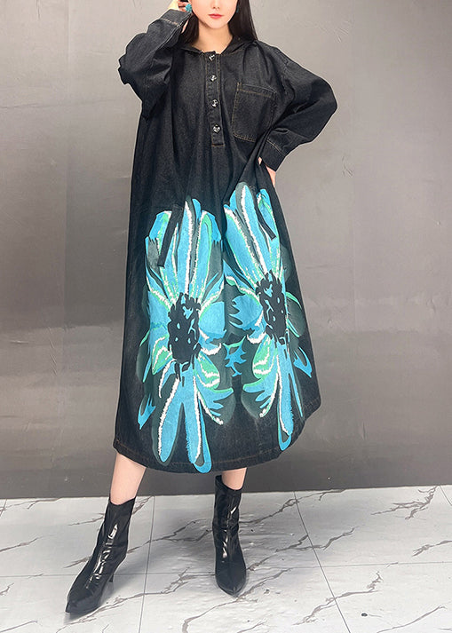 Casual Loose Black Hooded Print Denim Long Dress Fall