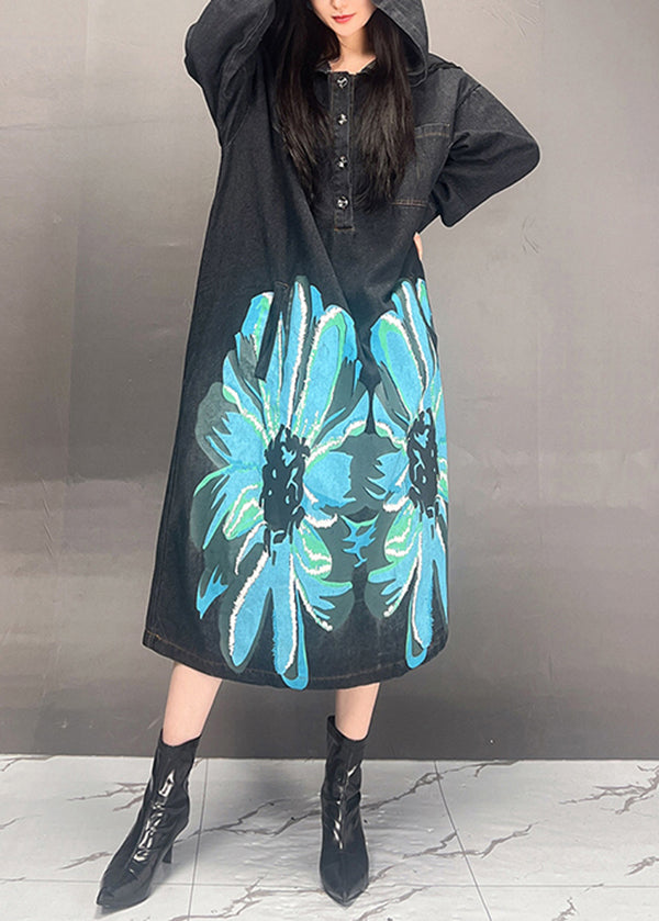 Casual Loose Black Hooded Print Denim Long Dress Fall